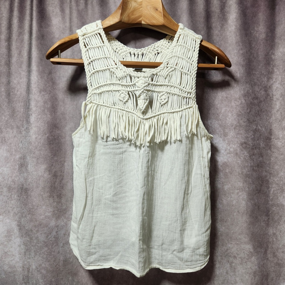 Aerie Womens Medium Cream Macrame Fringe Gauze Sleeveless Boho Tank Top